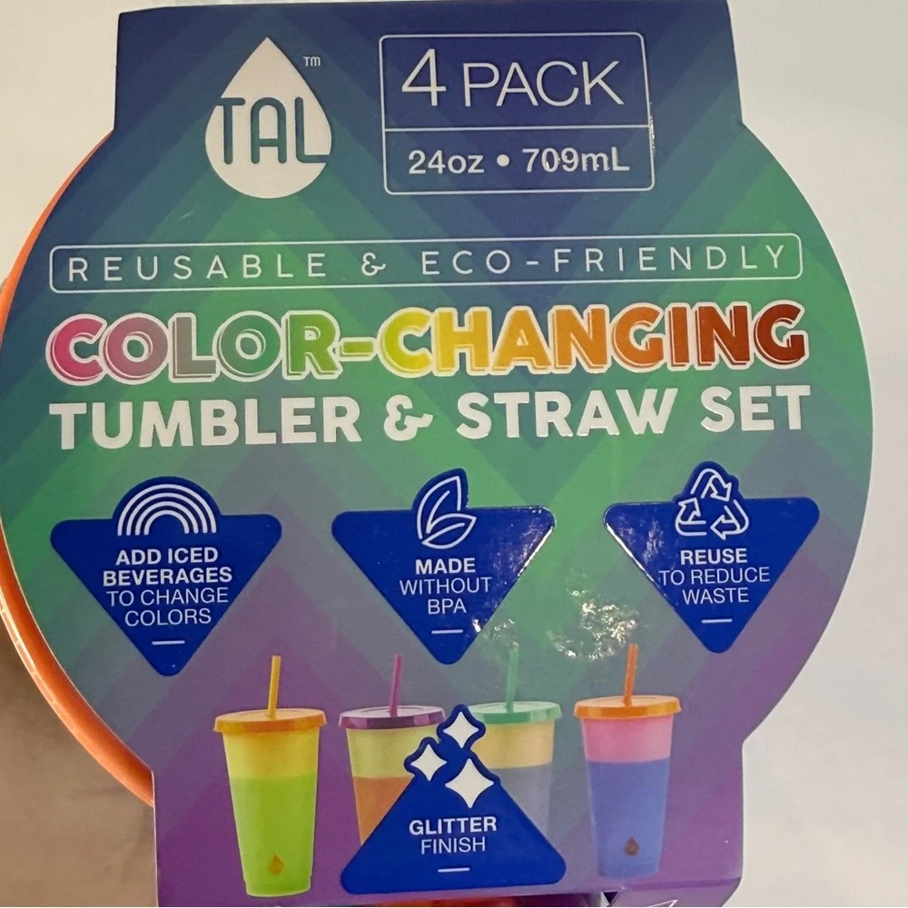 🆕 TAL 4pc Color Changing 24oz Glitter Tumbler Set w/ Straws